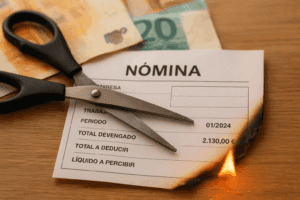 Nómina recortada y quemada con dinero de fondo