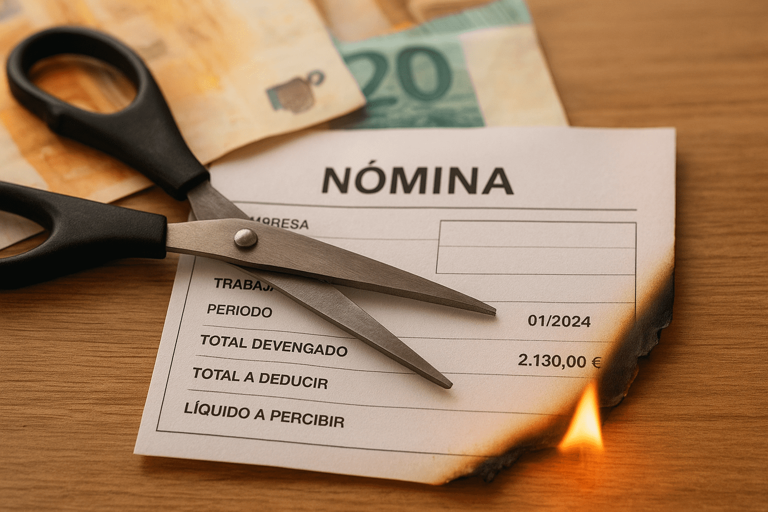 Nómina recortada y quemada con dinero de fondo