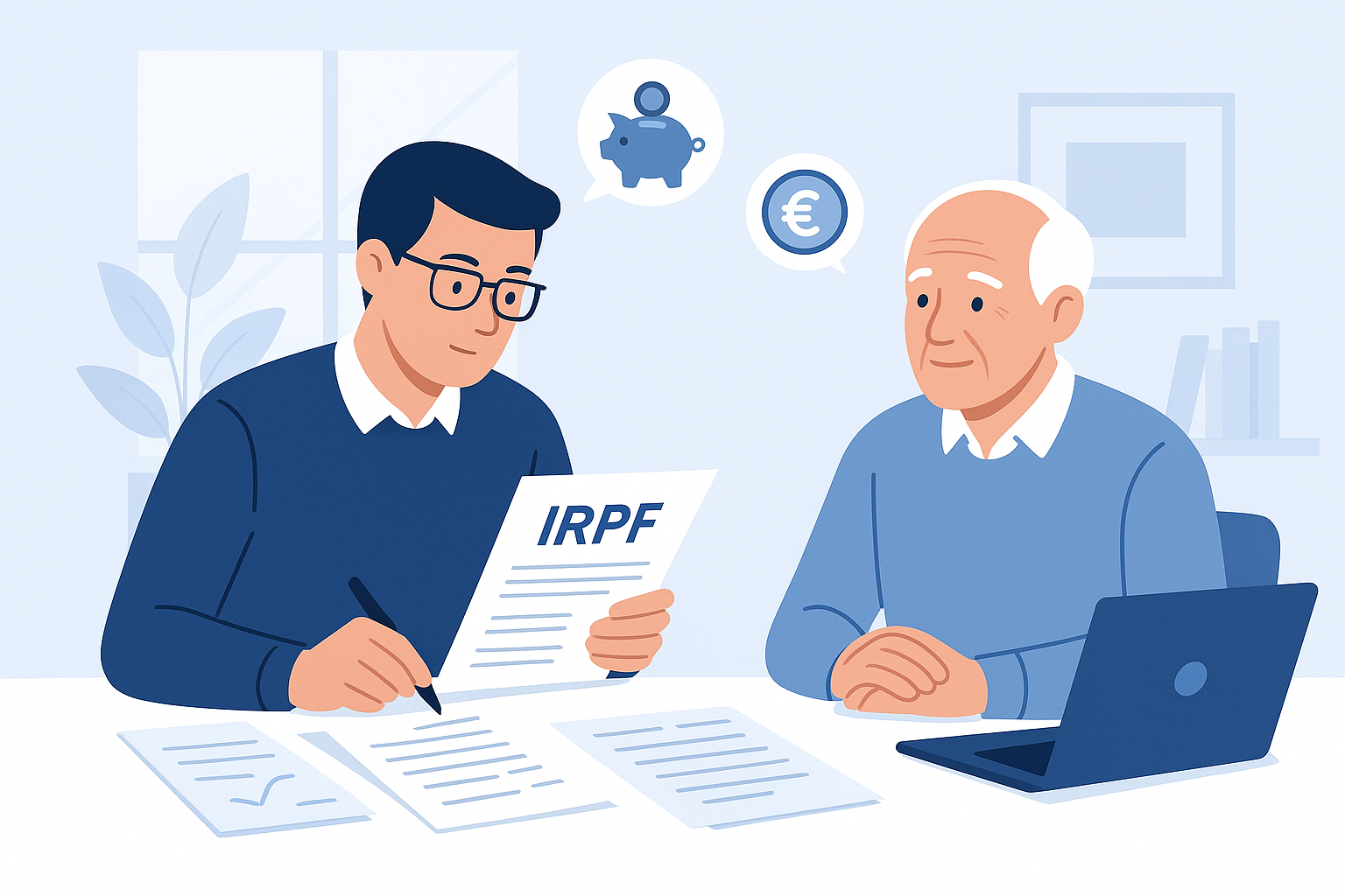Deducción IRPF mayores a cargo: cómo aplicar la ayuda de hasta 2.500 € Contribuyente revisando documentos del IRPF junto a un mayor a cargo para aplicar la deducción de 2.500 €
