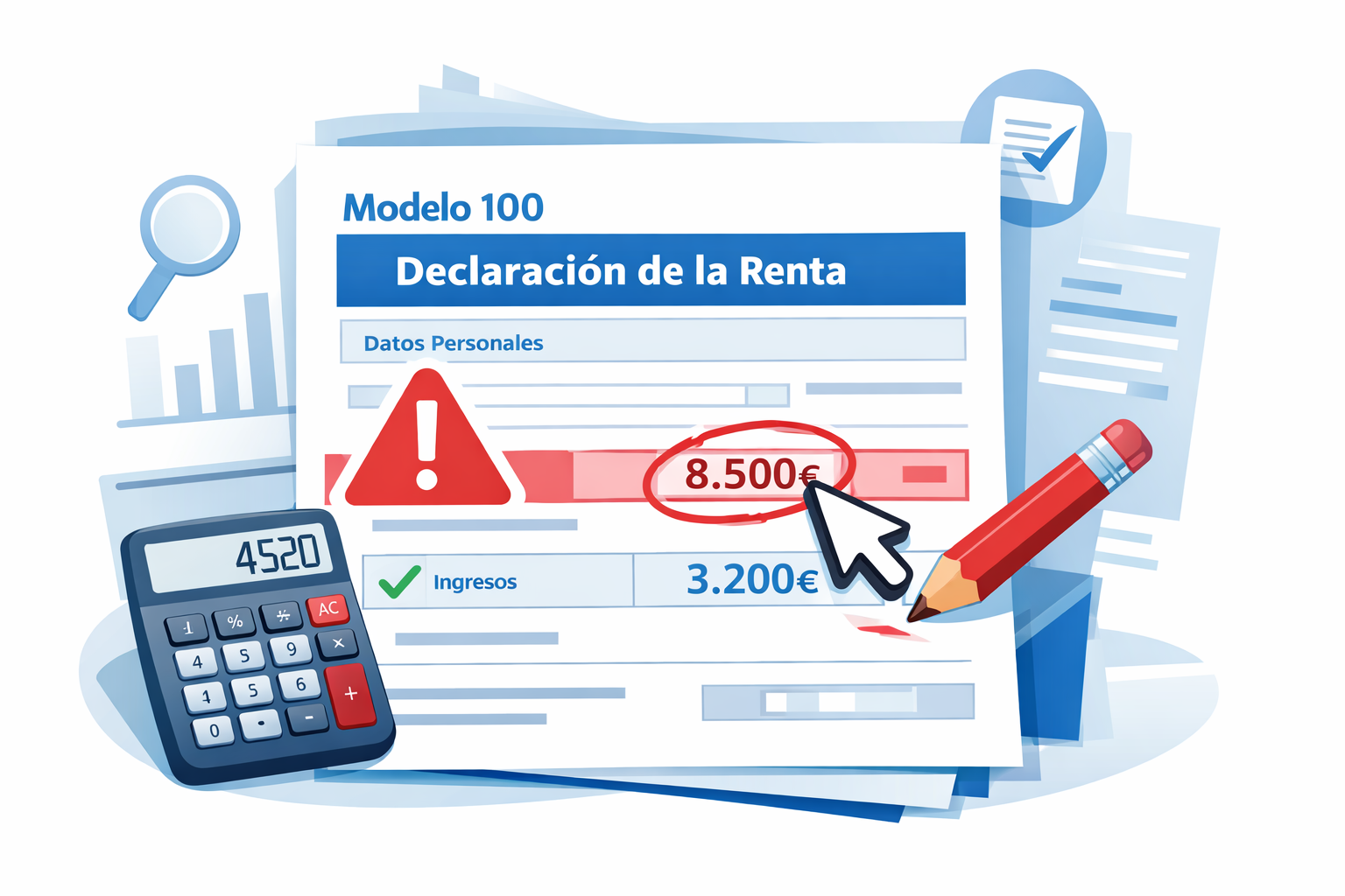 Ilustración vectorial de una declaración de impuestos con alertas de errores, gráficos y calculadora, estilo moderno y profesional