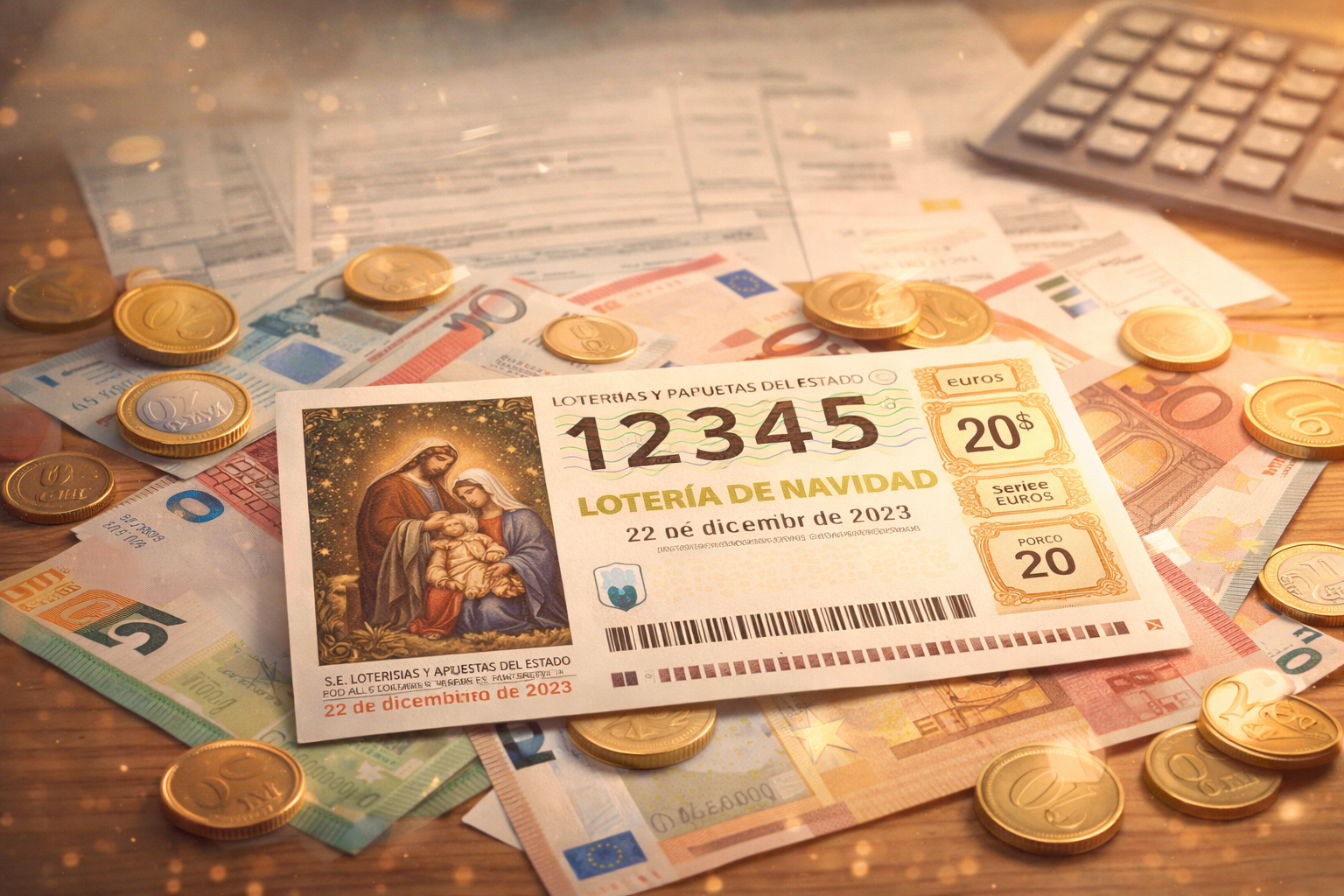 Décimo de la Lotería de Navidad con monedas representando impuestos y premios de IRPF