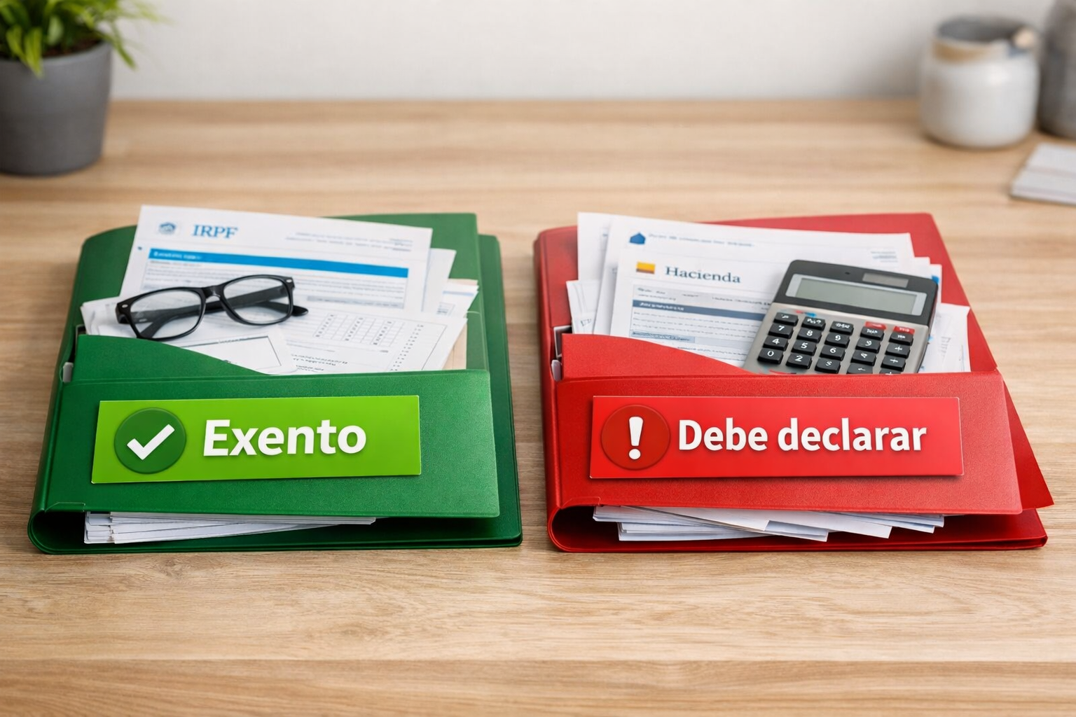 Carpetas con documentos fiscales que indican quién está exento y quién debe declarar la Renta