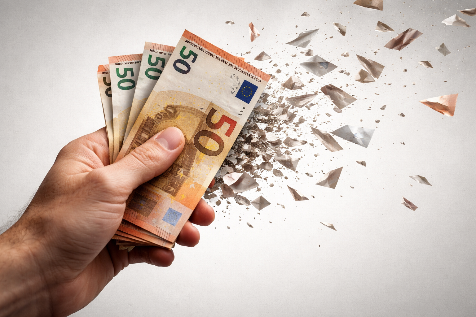 Mano sujetando billetes de euro que se desintegran, simbolizando pérdida de dinero en la nómina