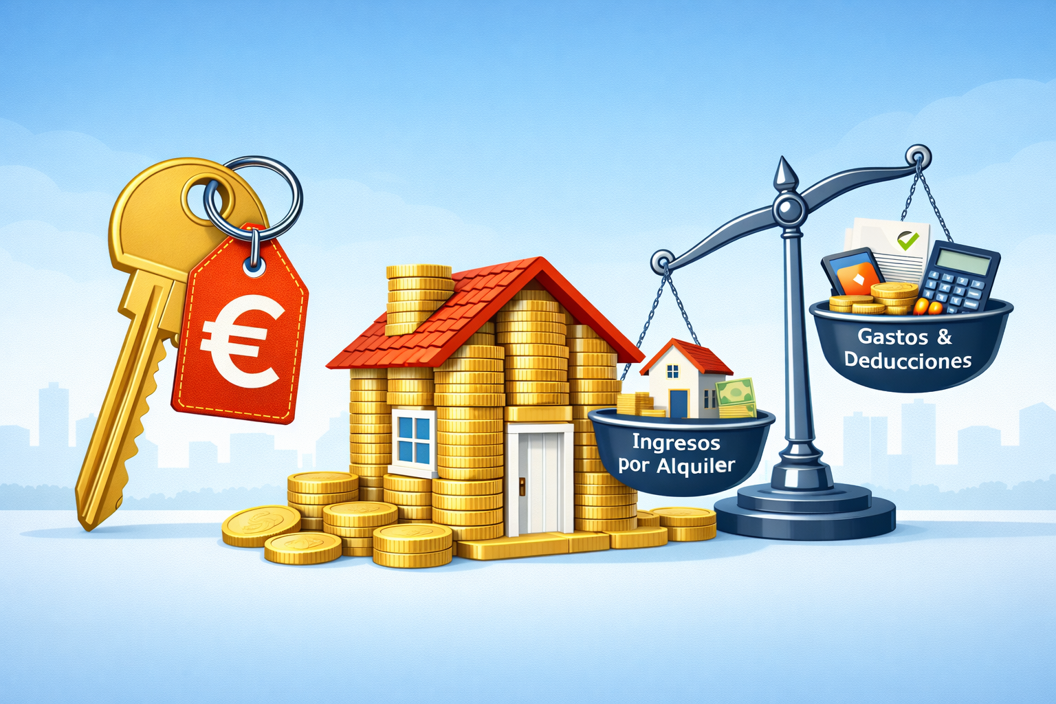 Ilustración vectorial mostrando una casa construida con monedas, una llave con etiqueta de € y una balanza equilibrando ingresos por alquiler y gastos/deducciones para propietarios.