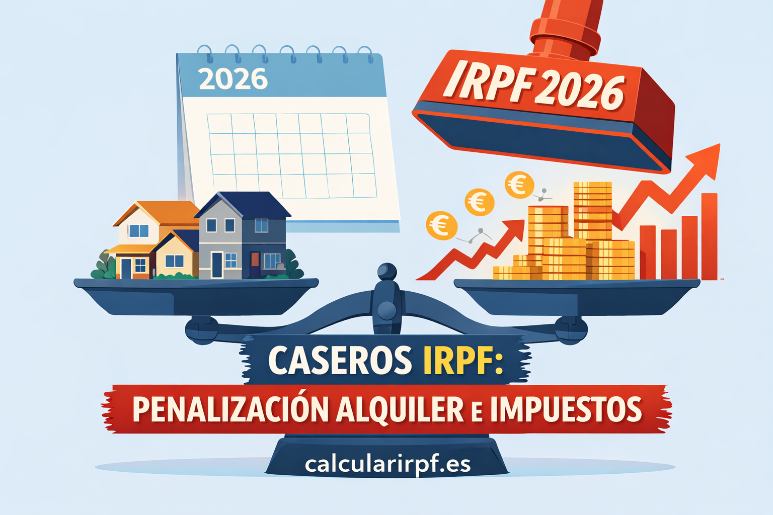 Caseros y penalización IRPF 2026: ilustración conceptual de casas con gráficos de impuestos